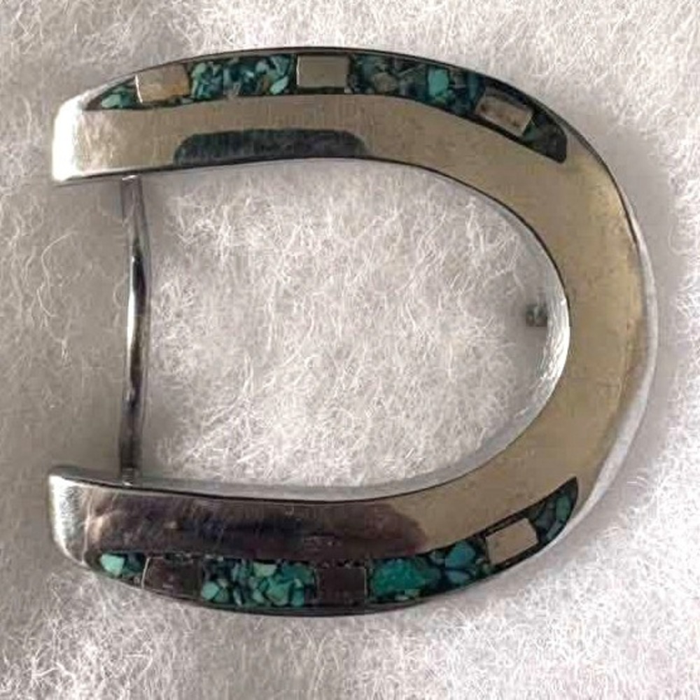 Vintage Horseshoe Belt Buckle Turquoise Chip Inlay Silver Tone Western Cowboy
